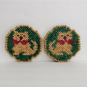 Vtg Pair of Boho Bamboo Wooden Beaded Cat Dog Trivets Kitchen Hot Plate Wall Art